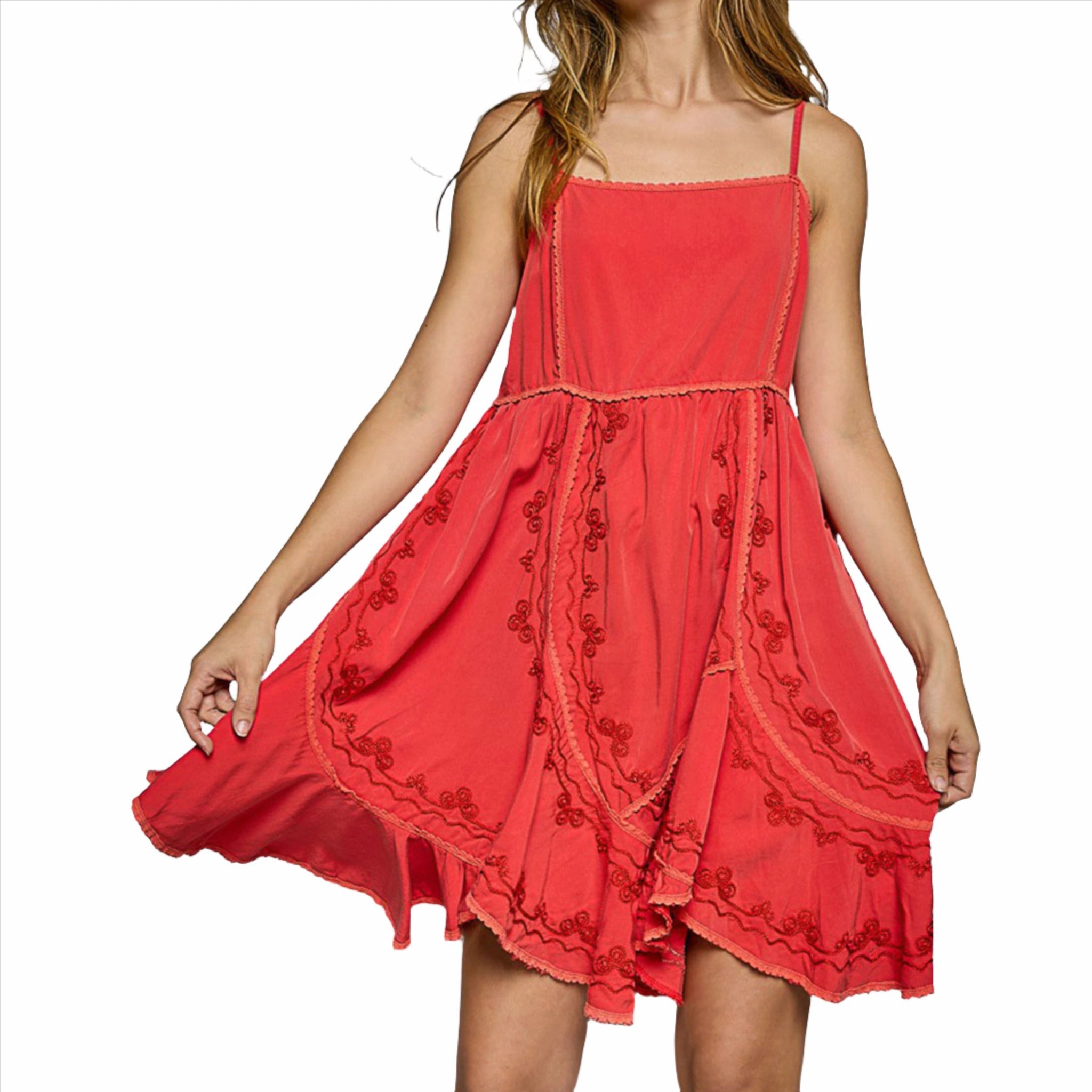 City Friendly Pol Women's Red Embroidered Sleeveless Mini Dress