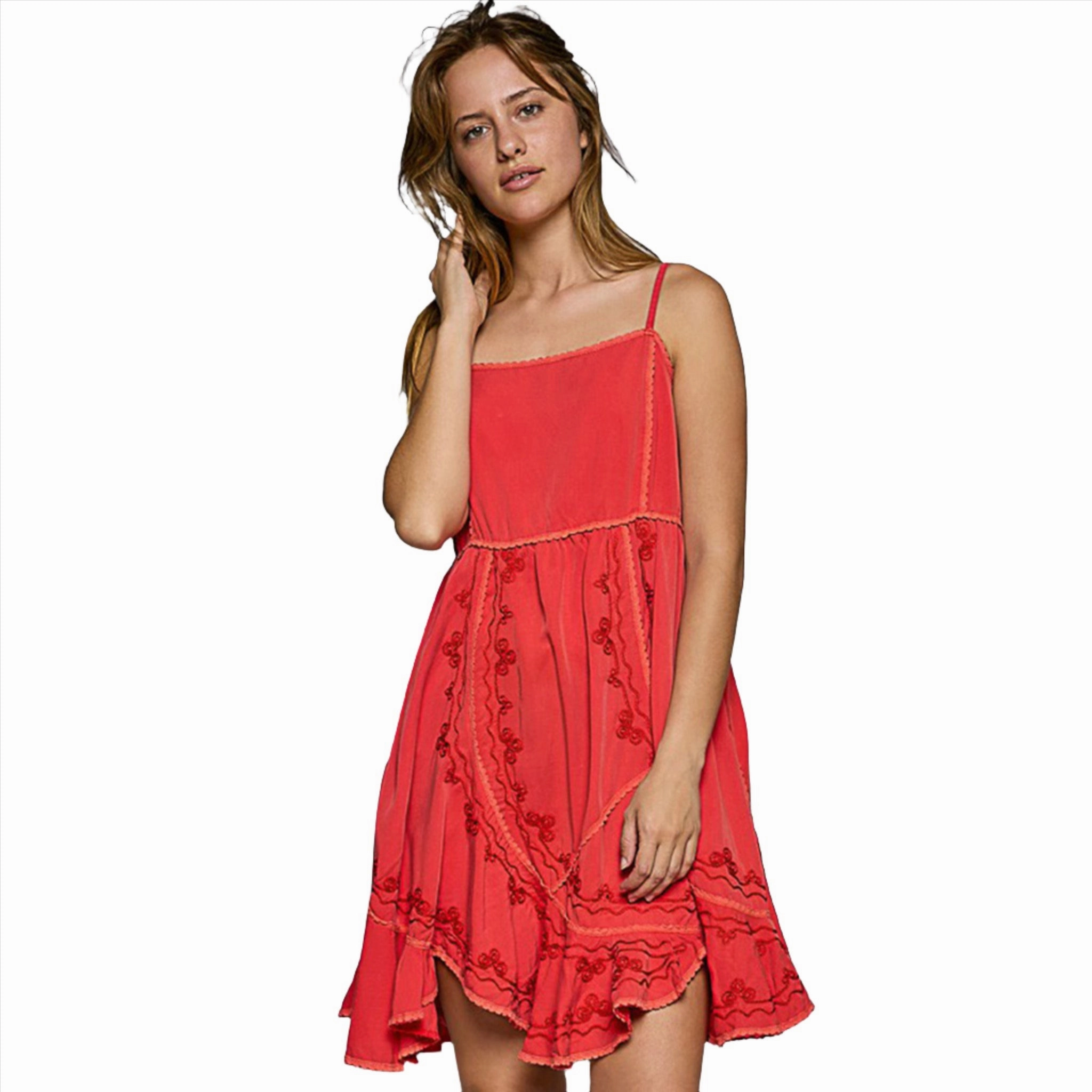 Pol Women's Red Embroidered Sleeveless Mini Dress All-season Hand-Wash