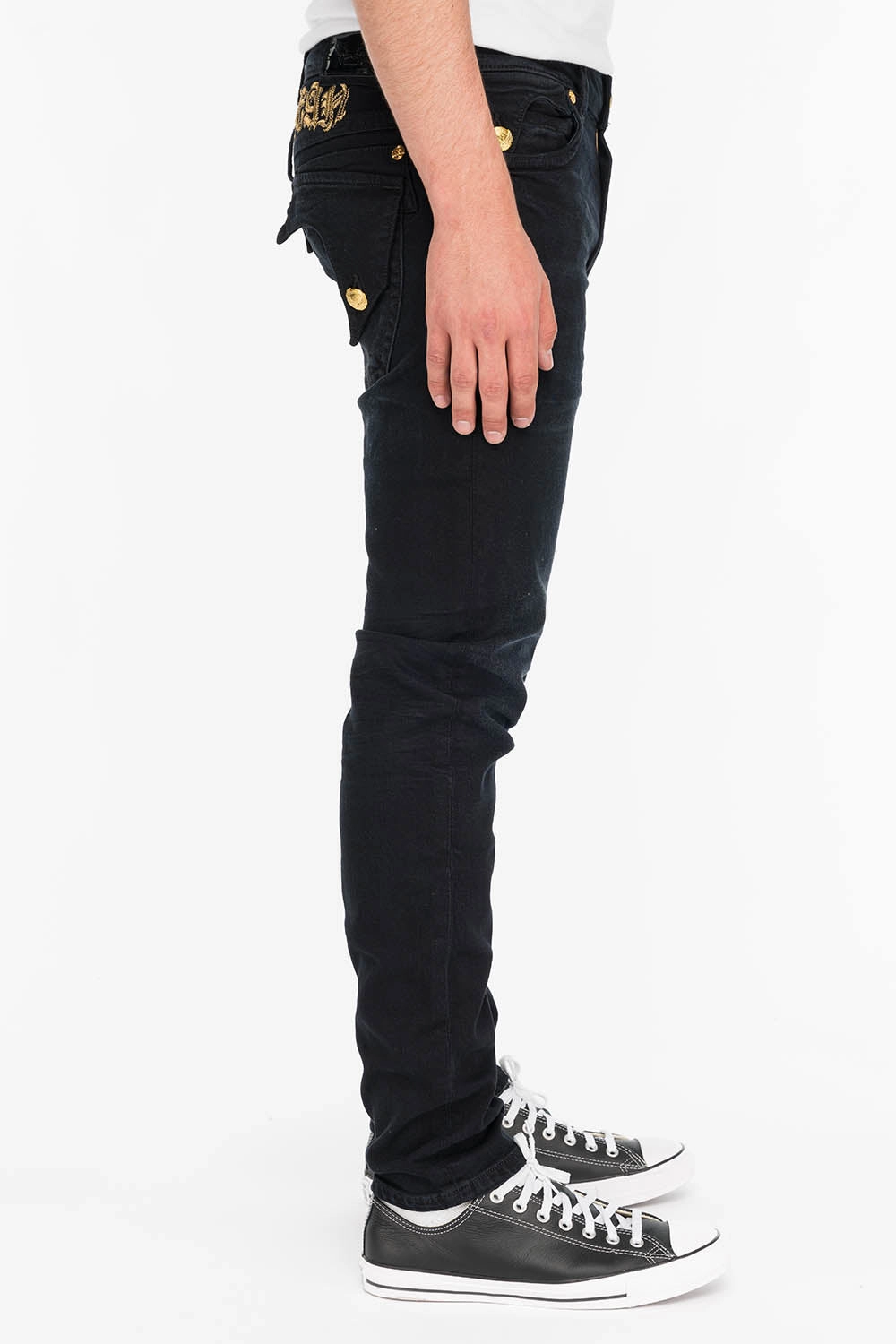 KILLER FLAP MENS SKINNY JEANS IN F_UP BLACK WITH GOLD O.E. LOGO Base Comfort Fashion Lover Versatile
