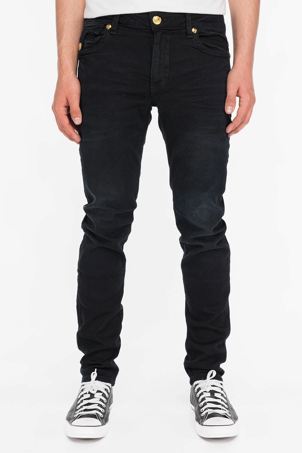 Daily Choice KILLER FLAP MENS SKINNY JEANS IN F_UP BLACK WITH GOLD O.E. LOGO