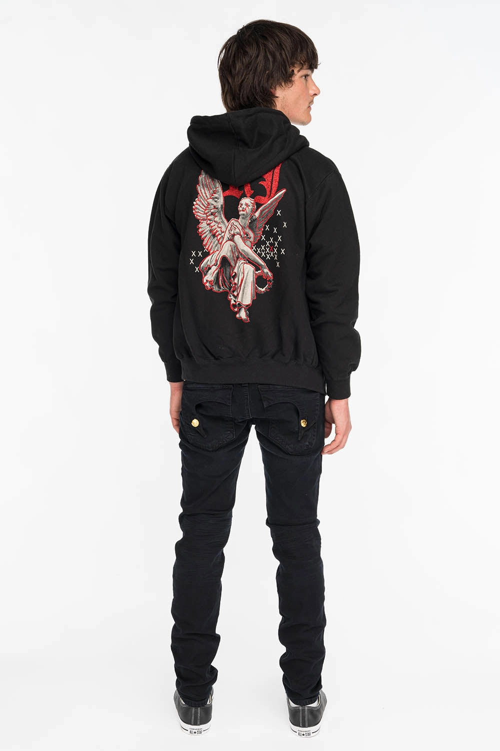 Essential Wear KILLER FLAP MENS SKINNY JEANS IN F_UP BLACK WITH GOLD O.E. LOGO