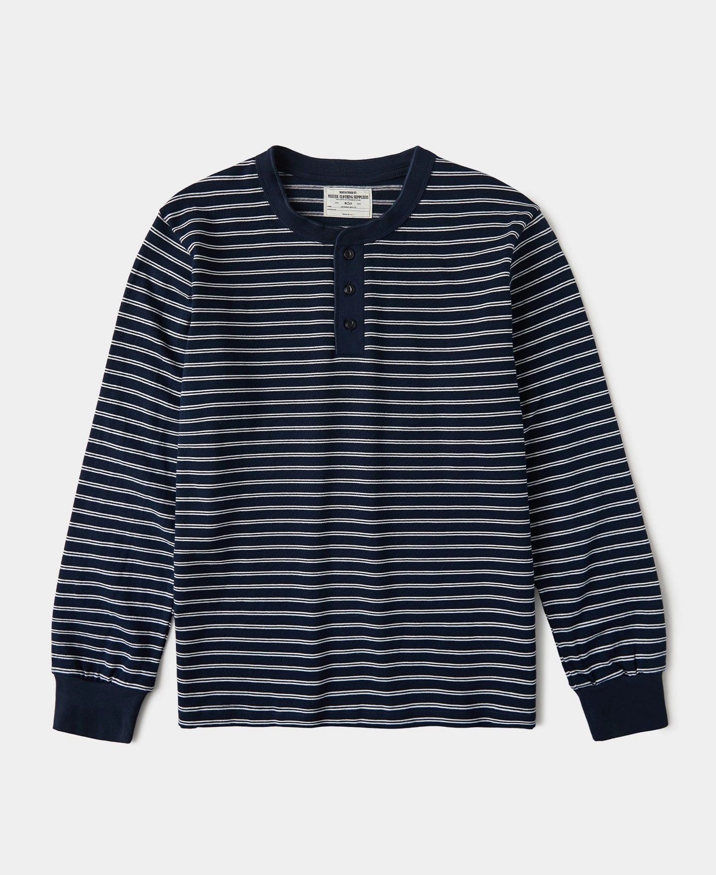 Breton Striped Henley Long Sleeve T-Shirt - Navy/White Performance Wear Fit Travel Trend Look