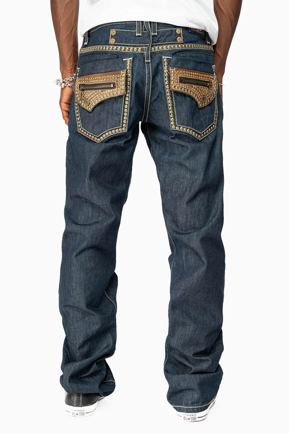 INDIAN WITH BROWN LEATHER ZIPPER FLAPS IN RINSE WASH WITH STUDS AND CRYSTALS Effortless Layer