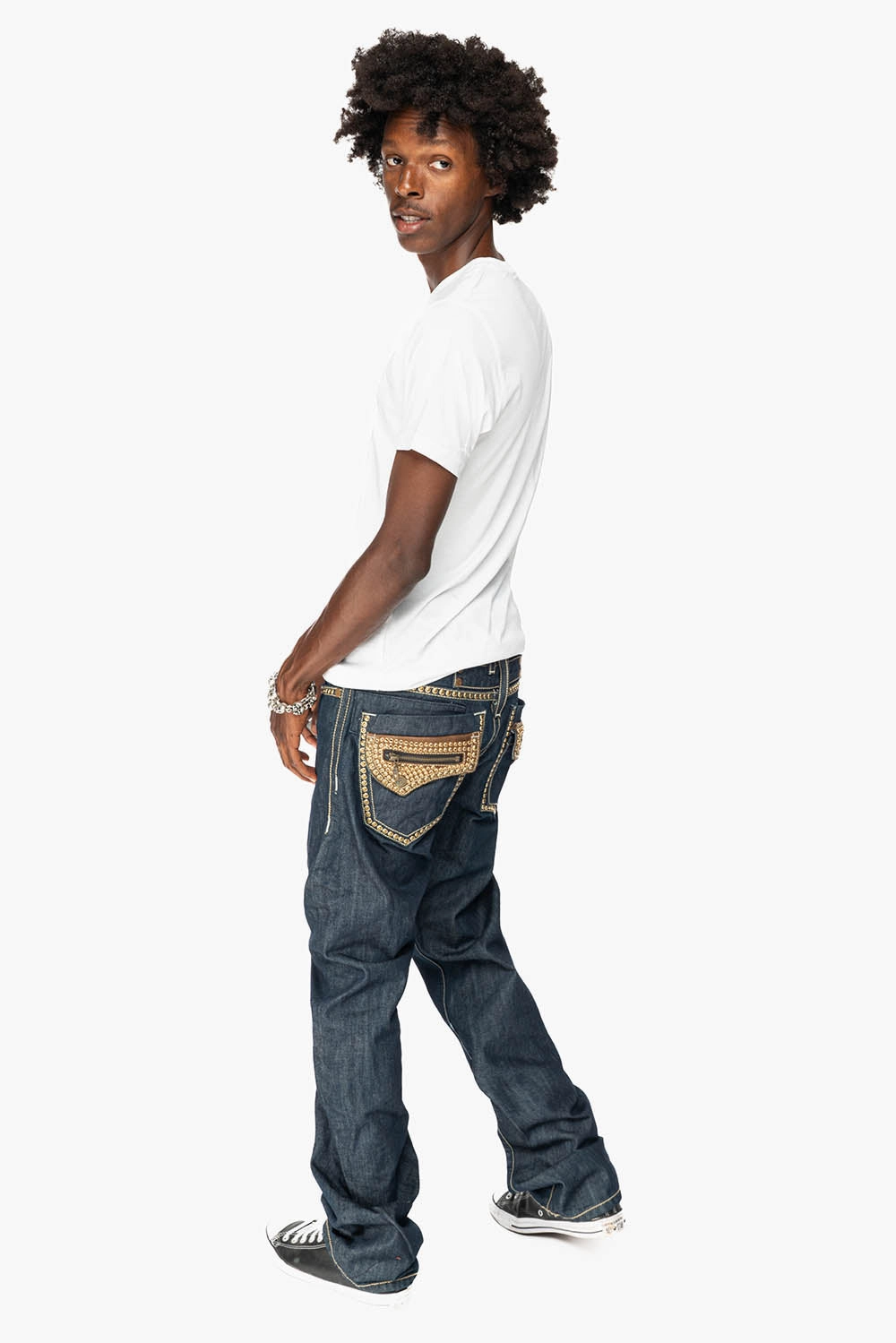 Smooth Creative Look Adult Fashion Versatile Waist Design INDIAN WITH BROWN LEATHER ZIPPER FLAPS IN RINSE WASH WITH STUDS AND CRYSTALS