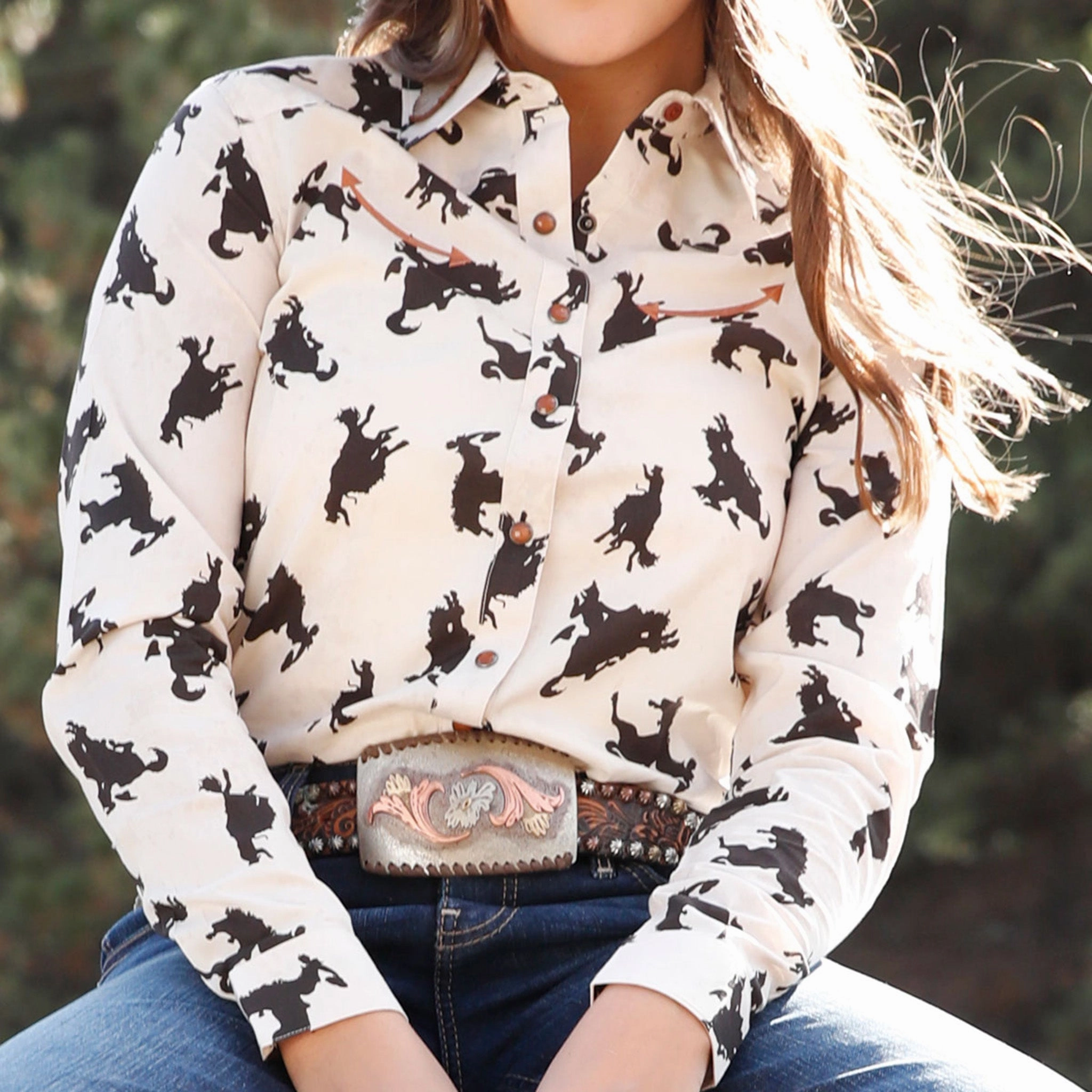 Active Tee wrinkle free finish Cruel Girl Cream Bucking Horse Shirt