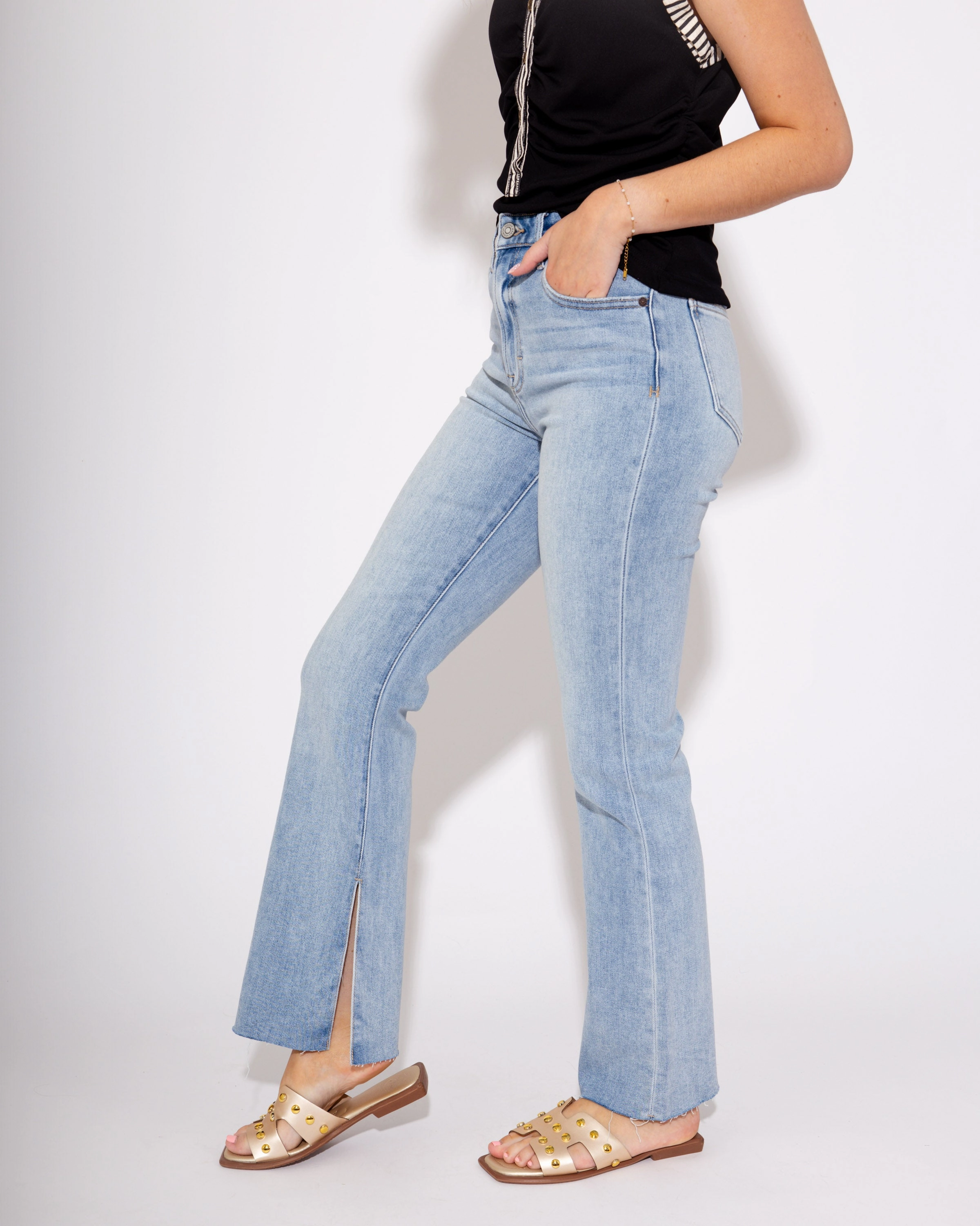 Inside Slit Bootcut Jeans in Light Flexible Waistband Comfortable Style