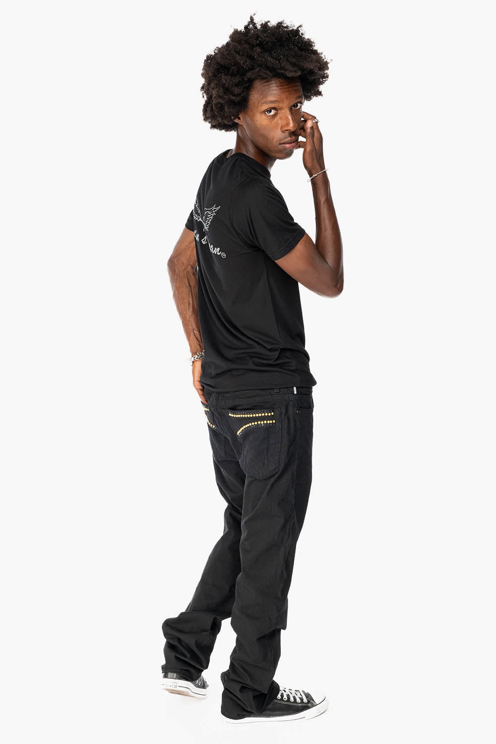 Universal Look Relaxed Waist Fit CLASSIC STRAIGHT LEG JEANS IN  BLACK WASH EMBELLISHED WITH STUDS & CRYSTALS