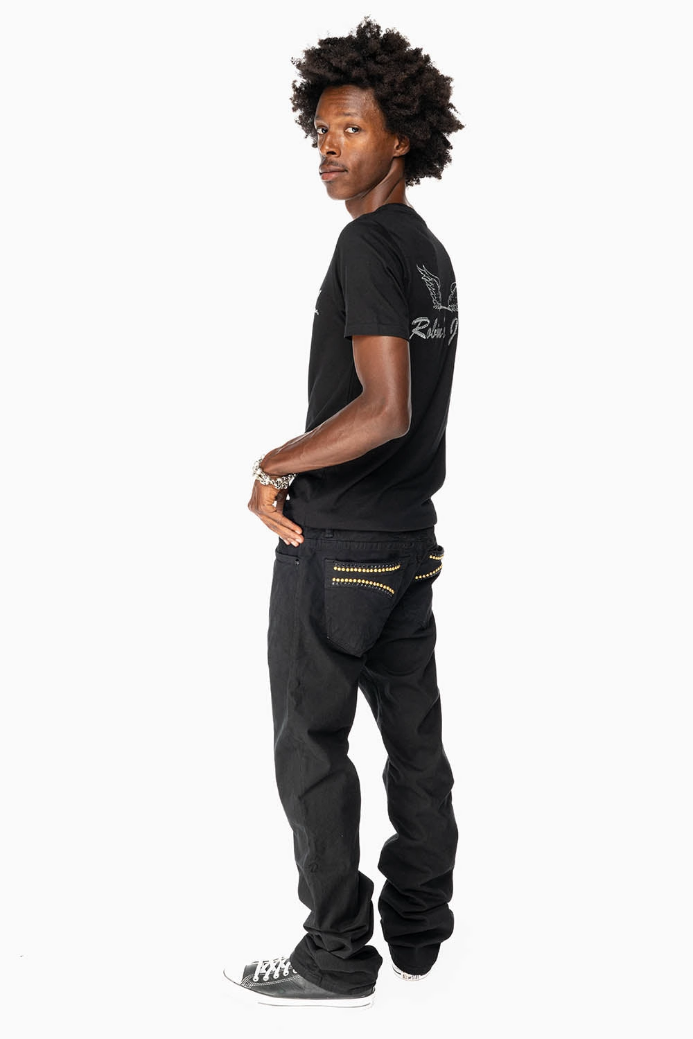 Easy Fit CLASSIC STRAIGHT LEG JEANS IN  BLACK WASH EMBELLISHED WITH STUDS & CRYSTALS