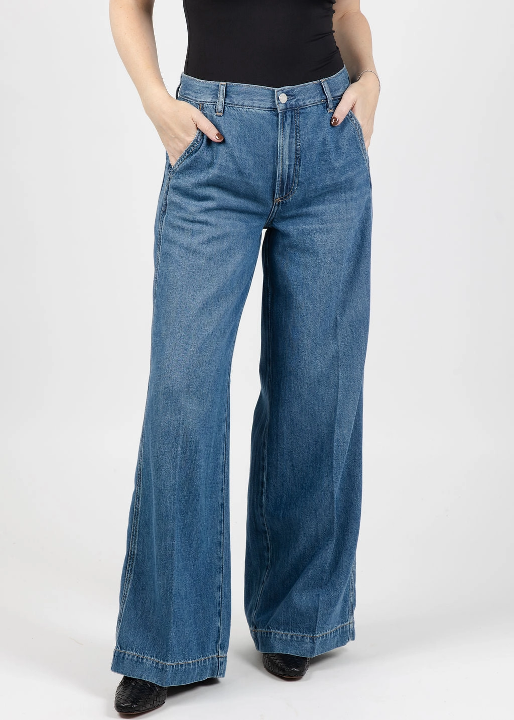 Jadyn Double Button Low Slung Palazzo Jeans - Imagine Sleek and Soft Slim Stretch