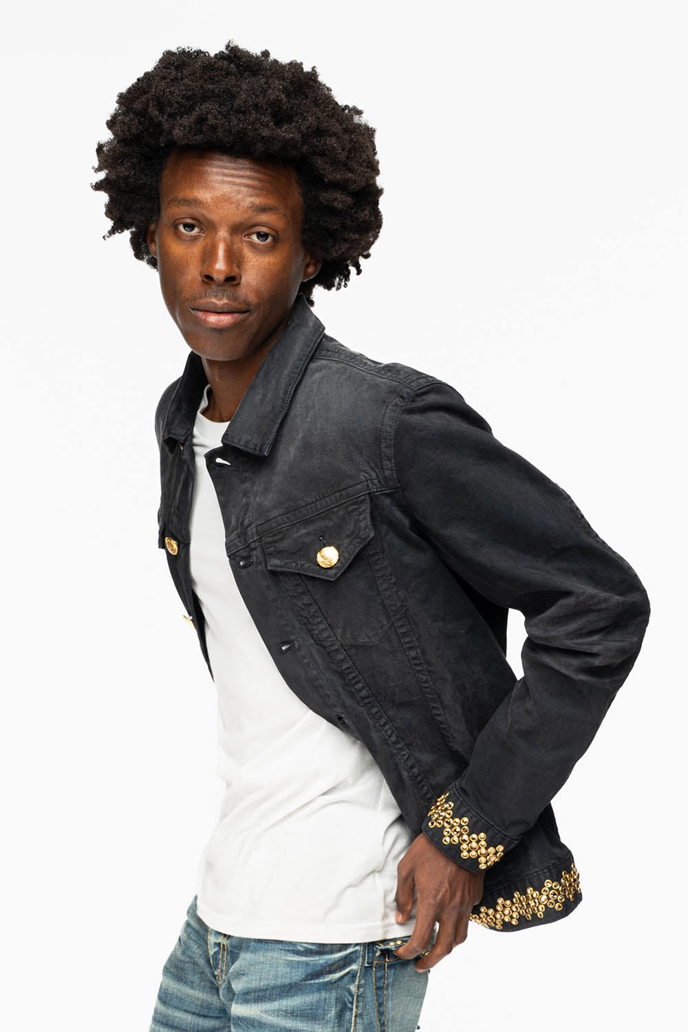 Urban Hike Style Functional Layer Piece JEAN JKT IN PIGMENT SPRAY BLACK  WASH EMBELLISHED WITH LARGE SMOKY TOPAZ CRYSTALS DESCRIPTION