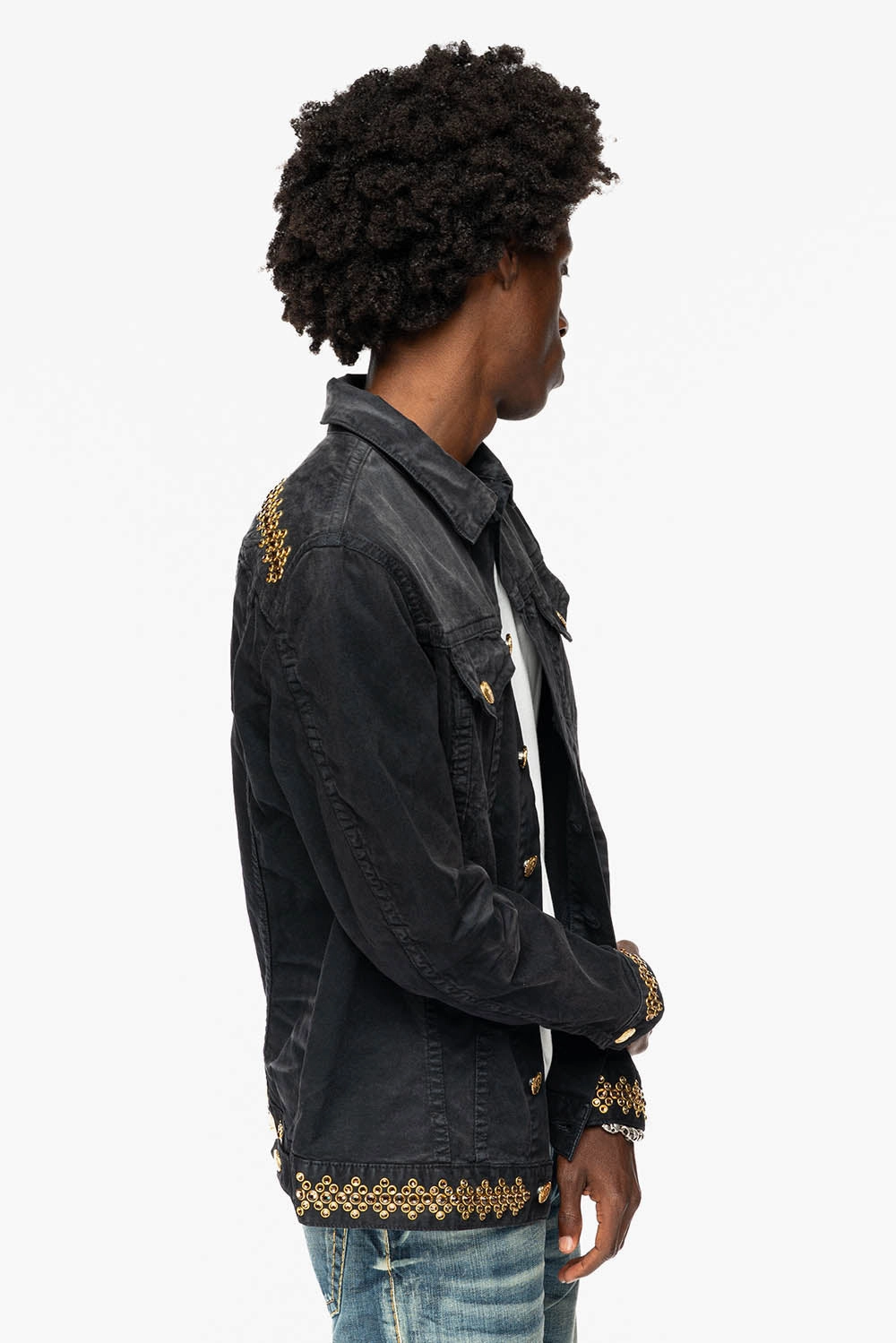 JEAN JKT IN PIGMENT SPRAY BLACK  WASH EMBELLISHED WITH LARGE SMOKY TOPAZ CRYSTALS DESCRIPTION Weekend Chill Style