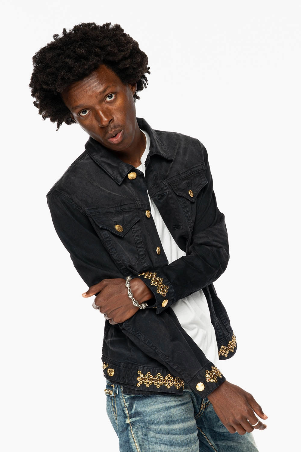JEAN JKT IN PIGMENT SPRAY BLACK  WASH EMBELLISHED WITH LARGE SMOKY TOPAZ CRYSTALS DESCRIPTION Stylish Chill Piece