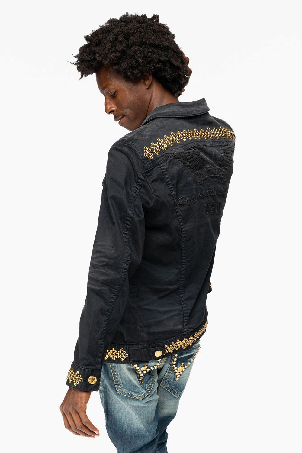 QuickAccessPockets JEAN JKT IN PIGMENT SPRAY BLACK  WASH EMBELLISHED WITH LARGE SMOKY TOPAZ CRYSTALS DESCRIPTION