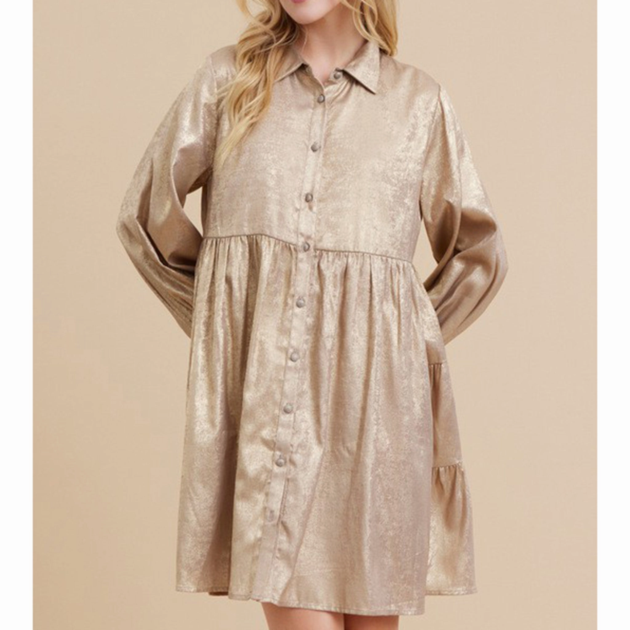 Jodifl Women's Solid Metallic Button Dress Silky Silhouette Bless Glow