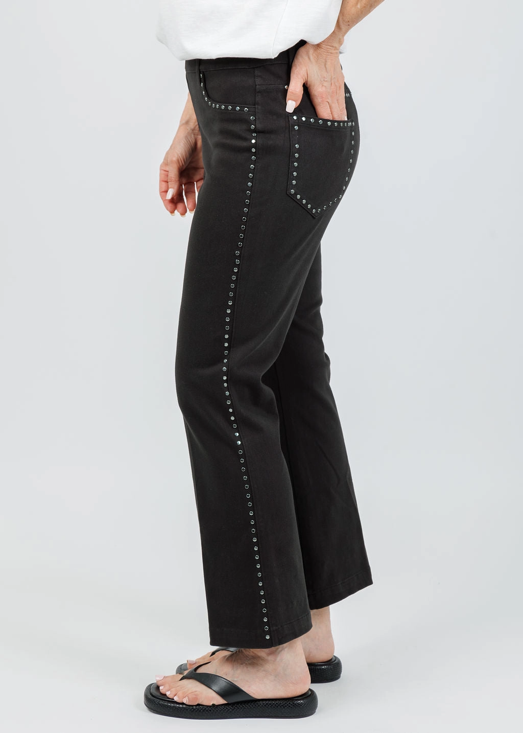 Pull-on style Gripper Waistband Jordene Studded Ankle Baby Boot Jeans - Black