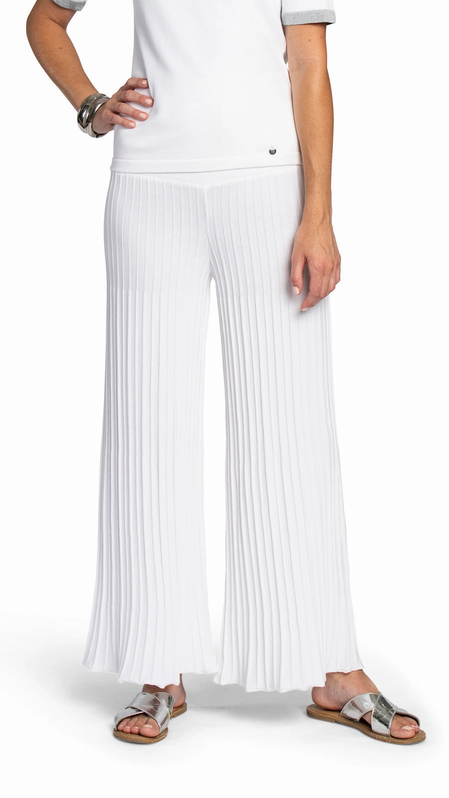 Julia Plisse-Look Full Length Wide Leg Pants, White Stretchable Design Adjustable Drawcord