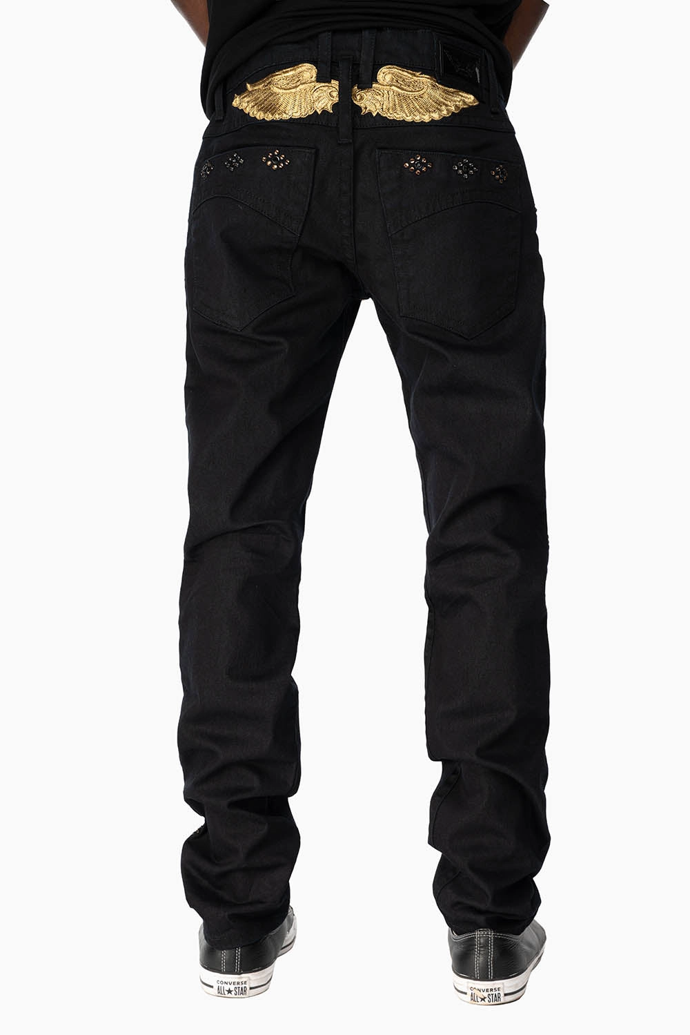 BIG MARLON 5 POCKET SLIM FIT MENS JEANS IN PURE BLACK WASH WITH GUNSLINGER CRYSTAL MOTIF Abrasion Resistant Denim Modern Design