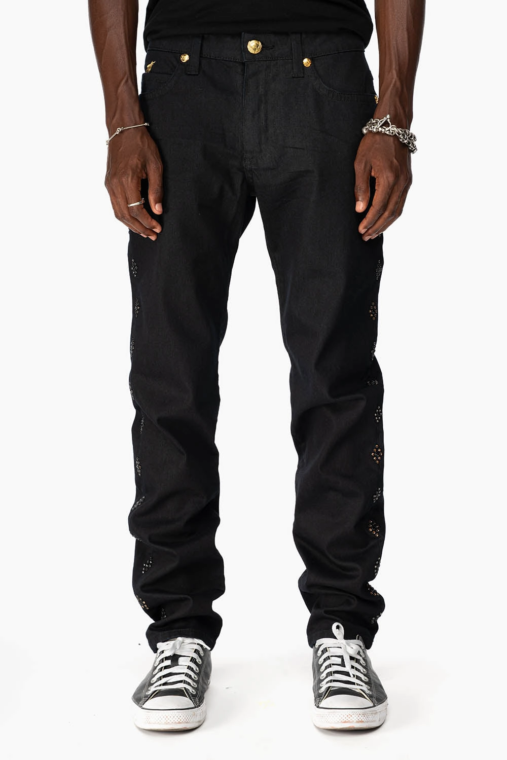 Basic Attire Weekend Wear BIG MARLON 5 POCKET SLIM FIT MENS JEANS IN PURE BLACK WASH WITH GUNSLINGER CRYSTAL MOTIF