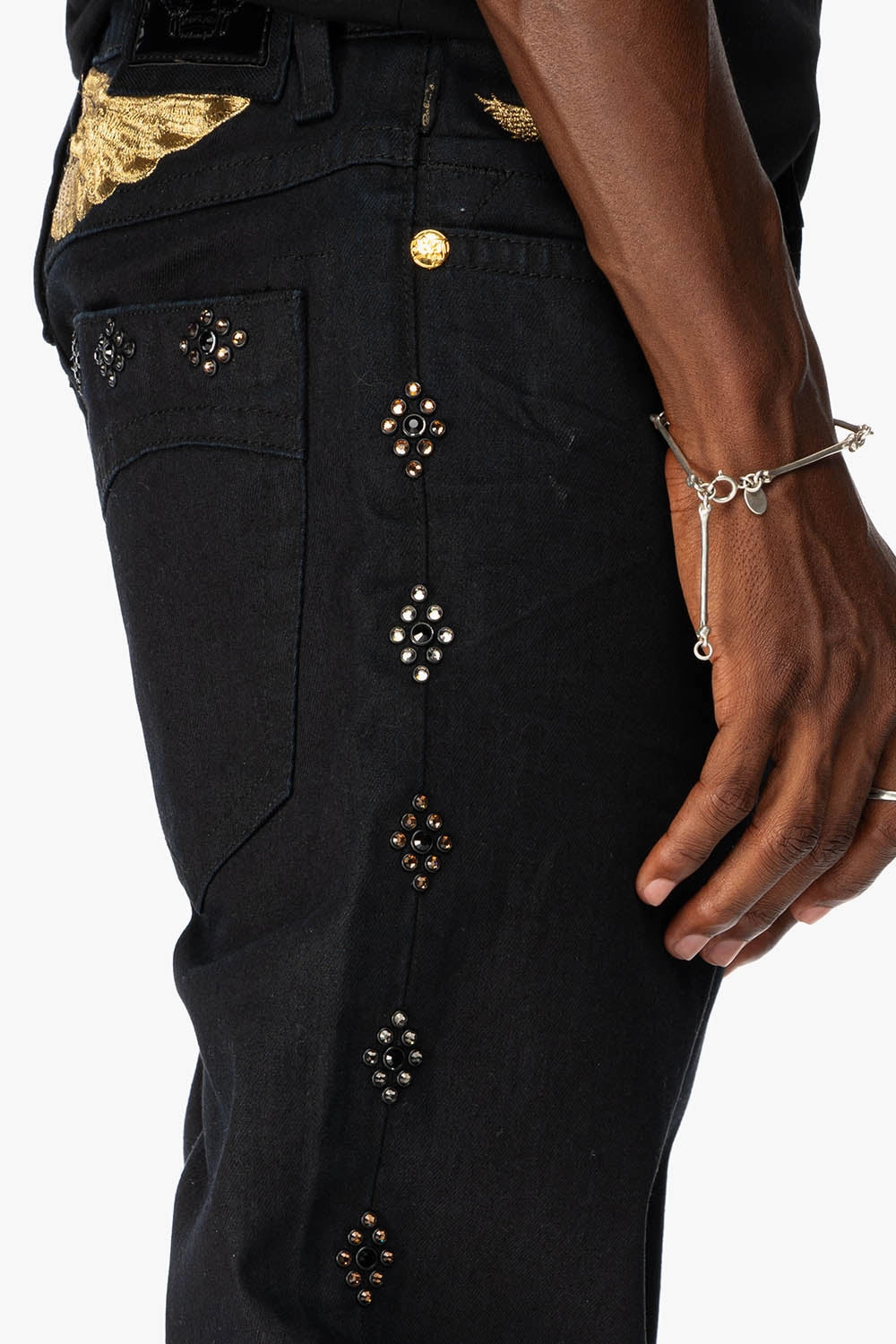 BIG MARLON 5 POCKET SLIM FIT MENS JEANS IN PURE BLACK WASH WITH GUNSLINGER CRYSTAL MOTIF Easy Care