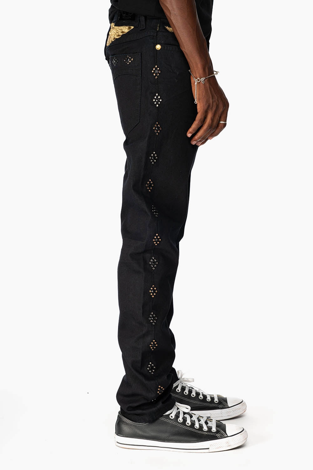 BIG MARLON 5 POCKET SLIM FIT MENS JEANS IN PURE BLACK WASH WITH GUNSLINGER CRYSTAL MOTIF Textured Versatile Shopping Day Hidden Rivet Details