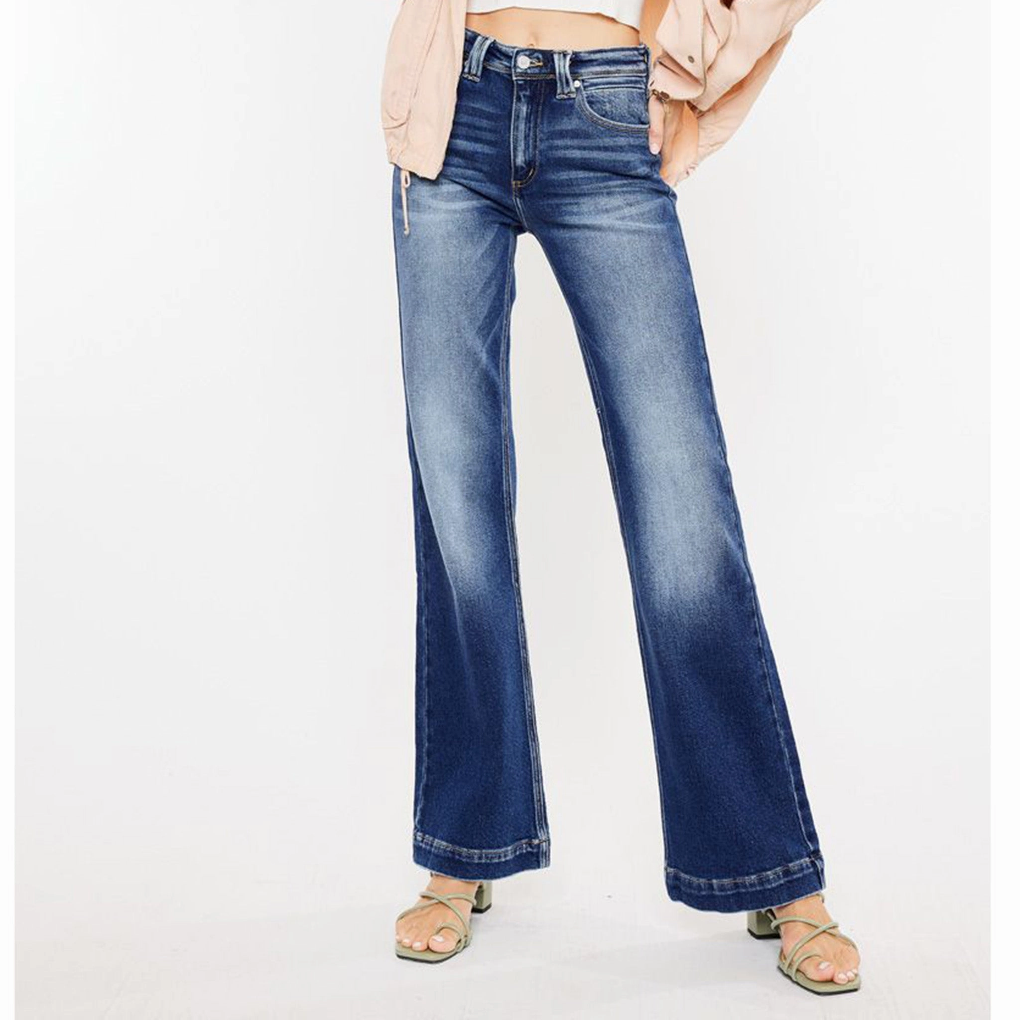 KanCan Women's Med Stone High Rise Flare Shopping Day Street Fashion Textured Sleek Option