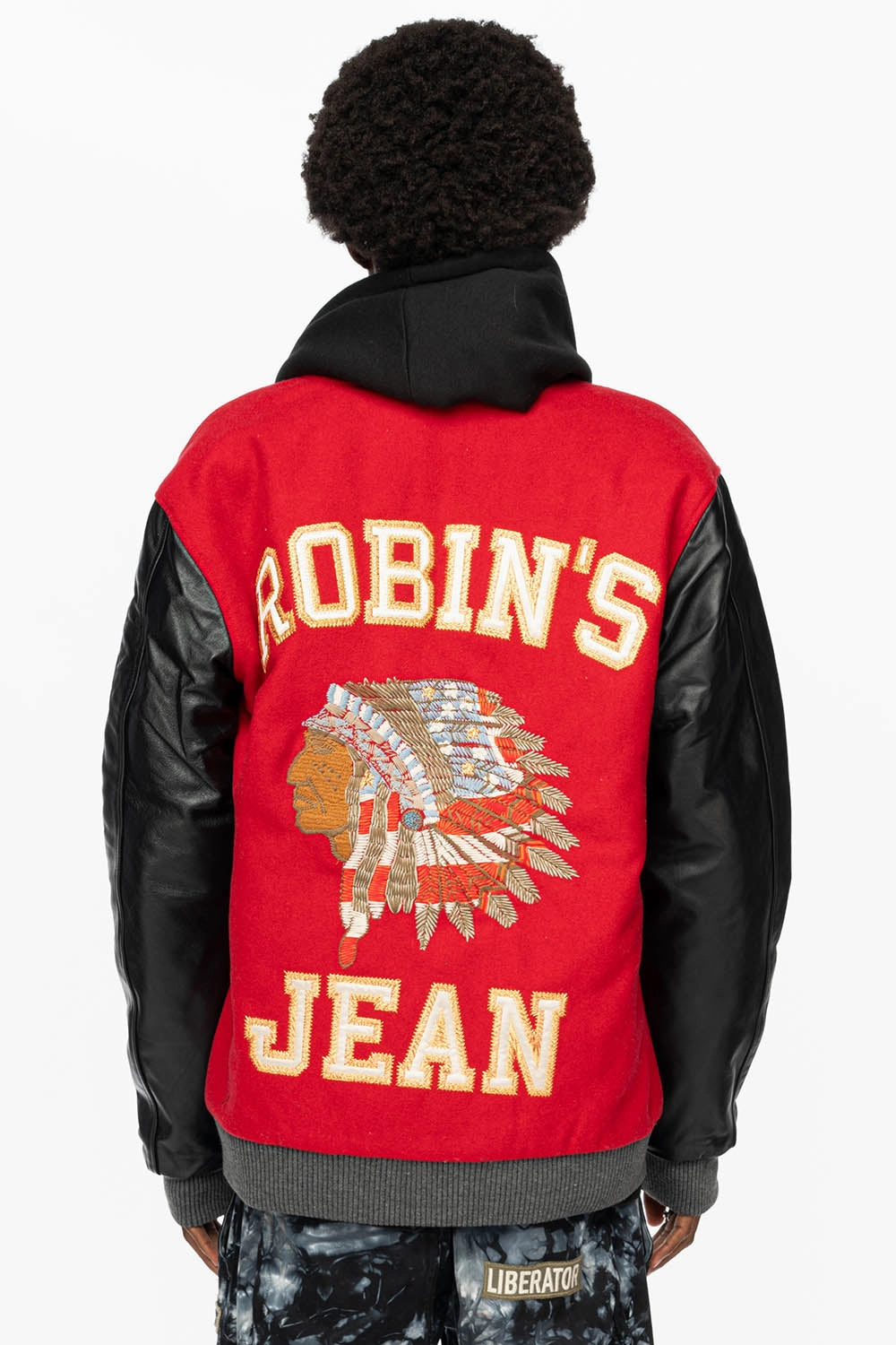 Advanced Wickability System ROBIN??S WOOL & LEATHER VARSITY BOMBER JACKET IN RED/BLACK