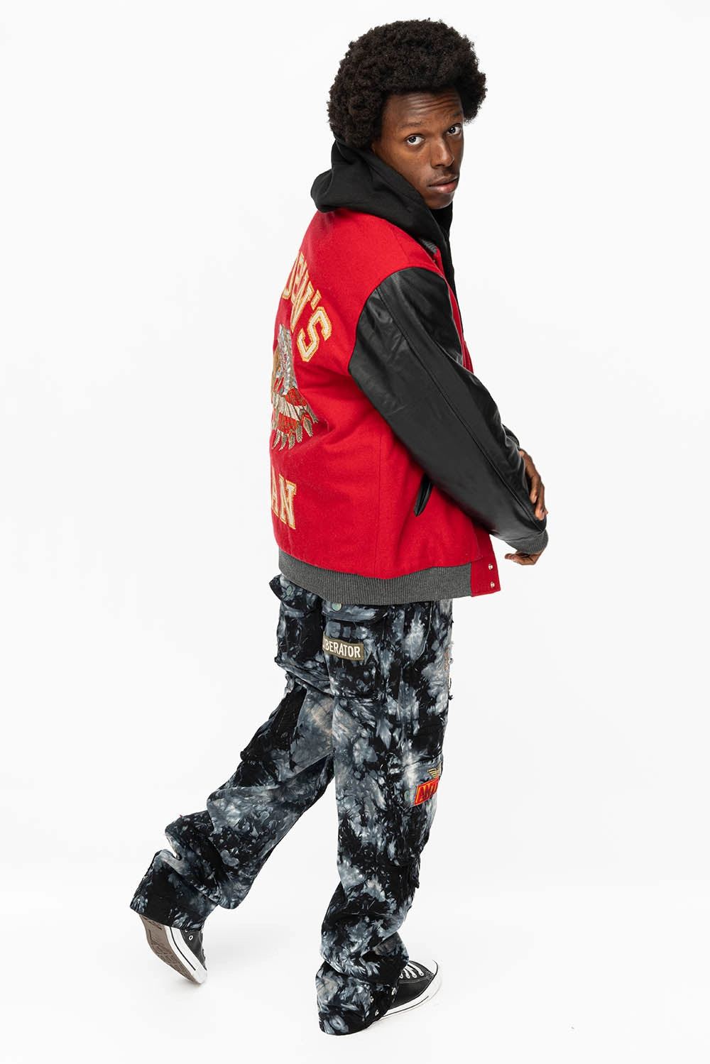 Vegan Fabric ROBIN??S WOOL & LEATHER VARSITY BOMBER JACKET IN RED/BLACK