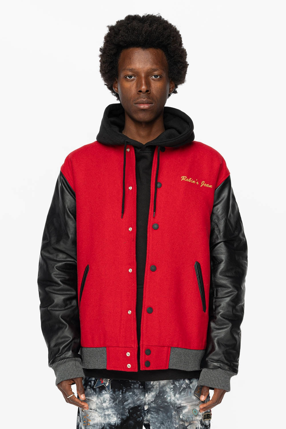 Pocket Details Unisex Casual Fit ROBIN??S WOOL & LEATHER VARSITY BOMBER JACKET IN RED/BLACK