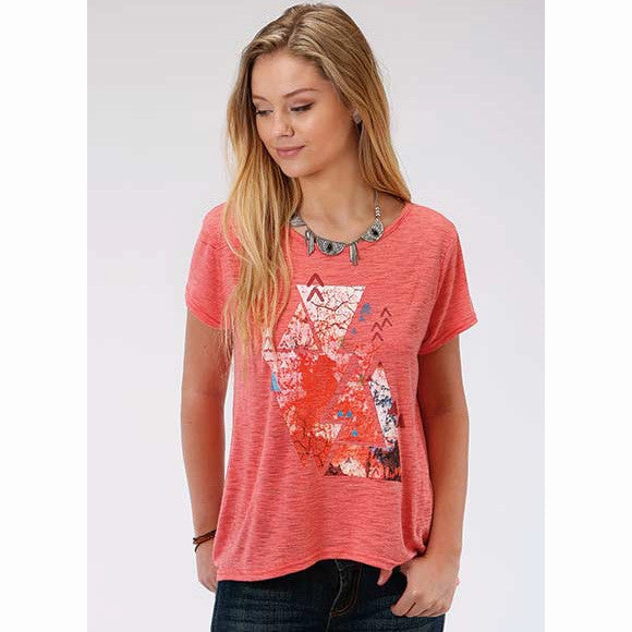 FadeResistantTechnology Wrinkle Resistant Weave Karman Roper Coral Corral Aztec Loose Scoop Neck Tee