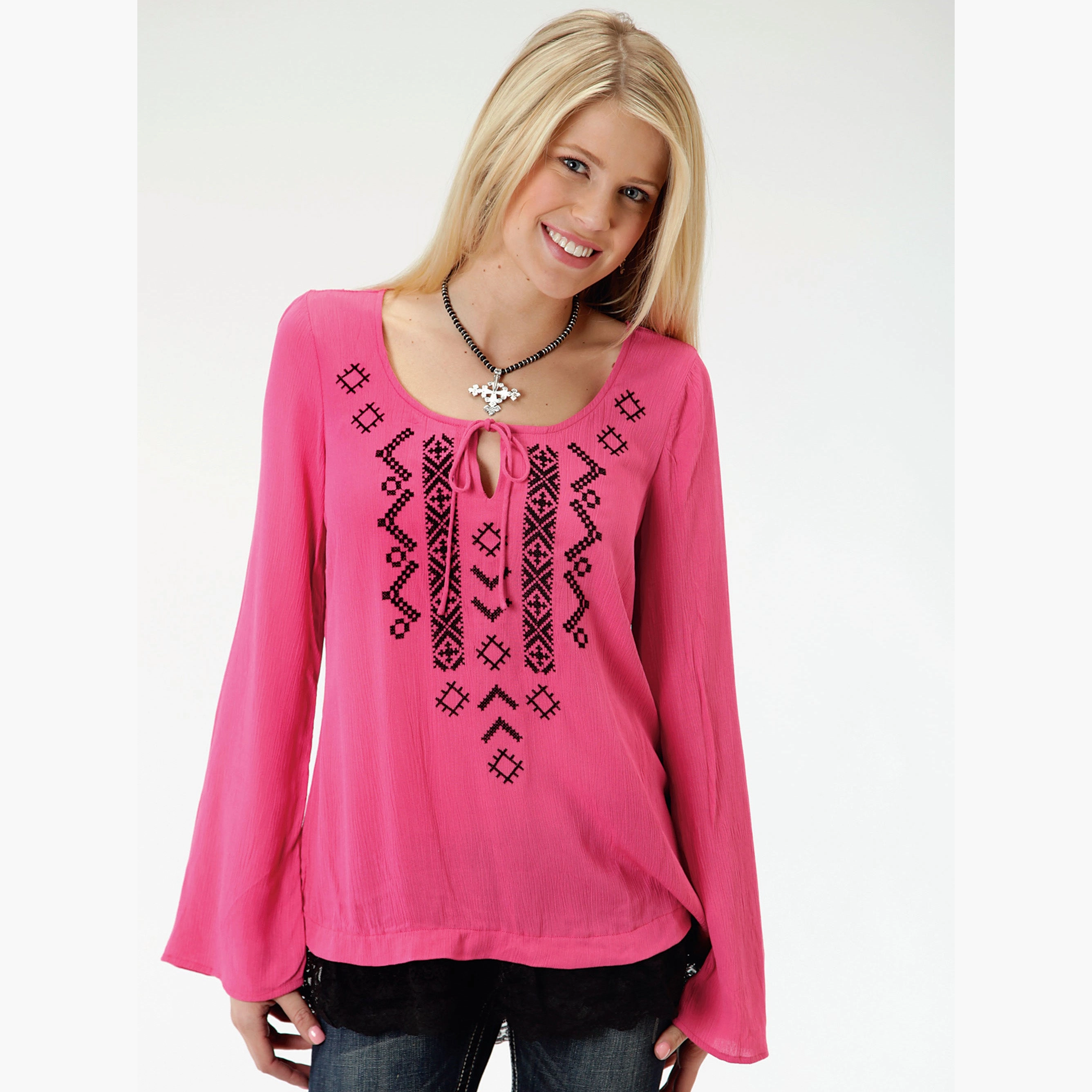 Karman Women's Pink and Black Aztec Long Sleeve Shirt Antimicrobial Finish