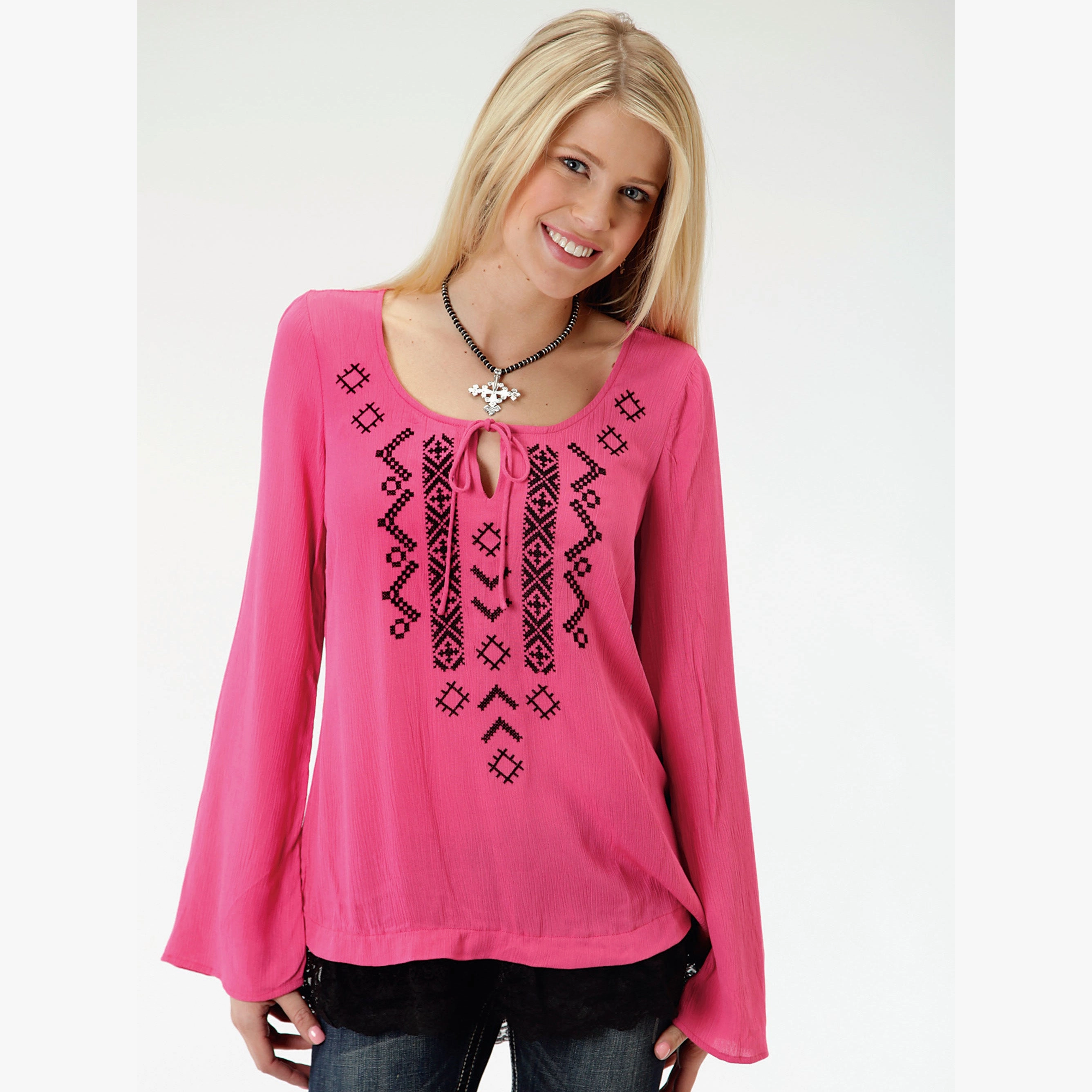 Karman Women's Pink and Black Aztec Long Sleeve Shirt LowImpact Dye Process StretchKnit
