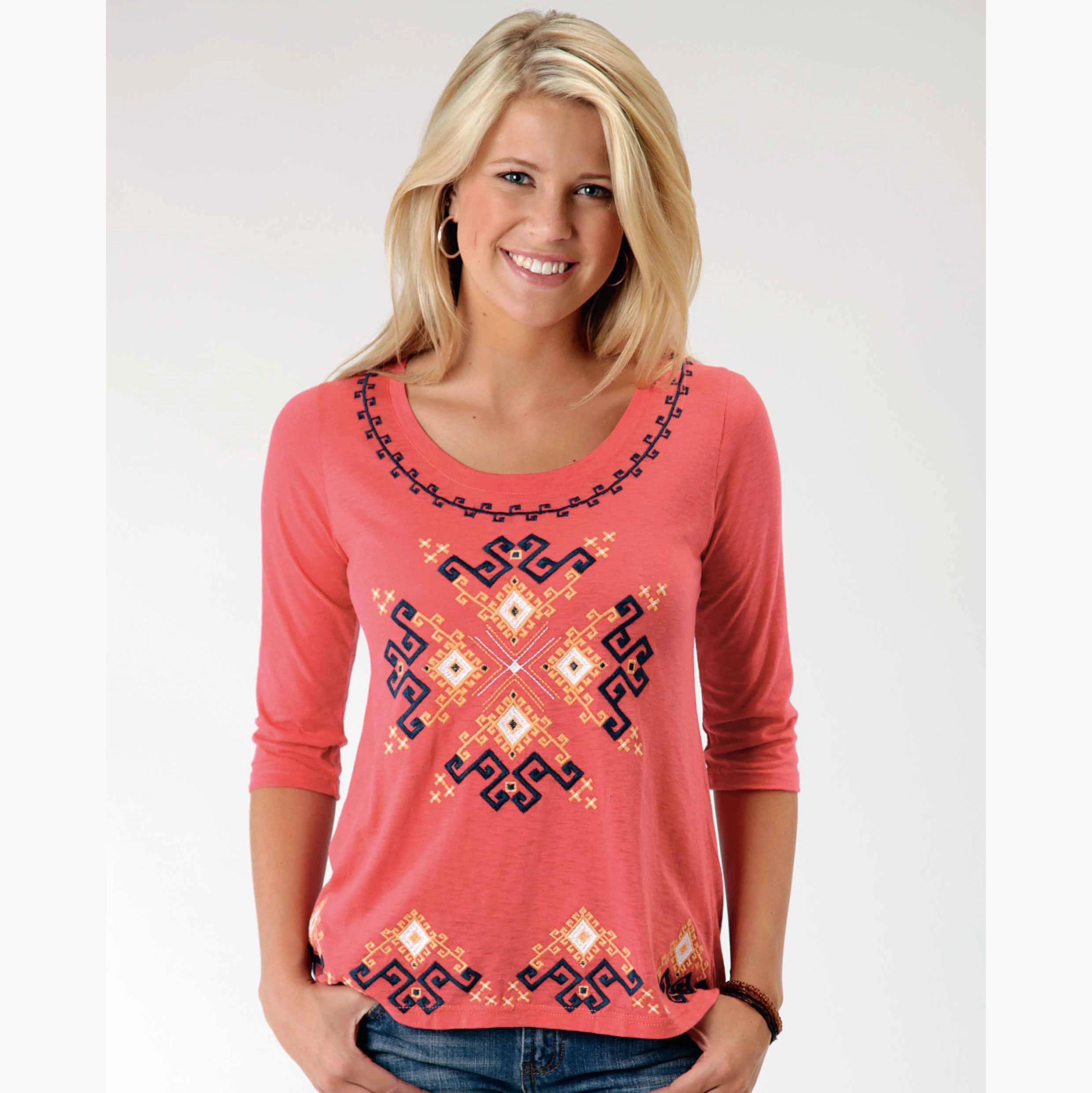 Karman Women's Red and Blue Aztec 3/4 Sleeve Minimalist Design