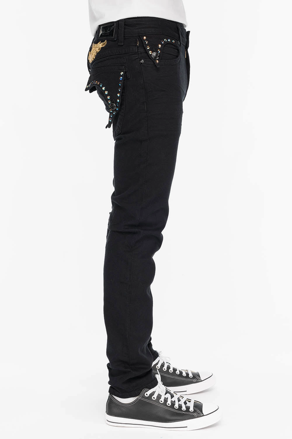 KILLER FLAP IN BLACK WITH GOLD WINGS AND LARGE AB CRYSTALS Gym Ready Slim Teen Outfit