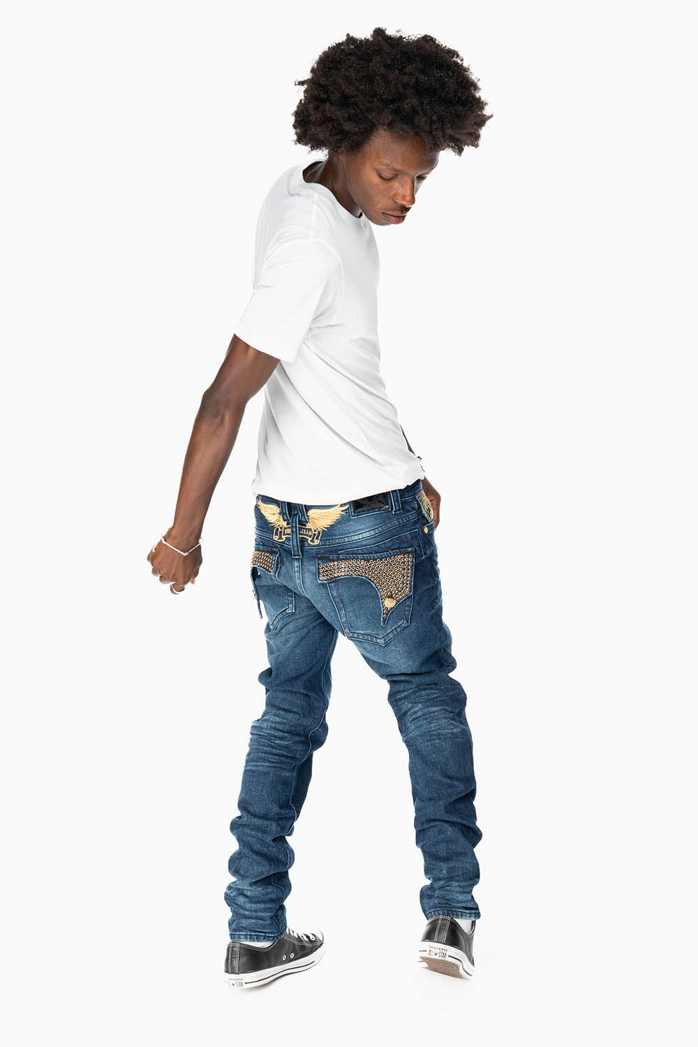 KILLER FLAP MENS SKINNY JEAN IN  OMAHA DARK WASH  FULLY EMBELLISHED WITH JET BLK CRYSTALS Fitted Design