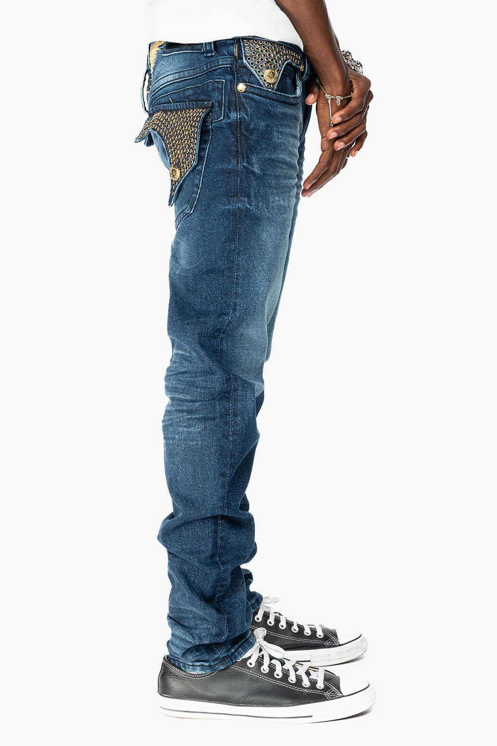 KILLER FLAP MENS SKINNY JEAN IN  OMAHA DARK WASH  FULLY EMBELLISHED WITH JET BLK CRYSTALS Classic Wear Slim