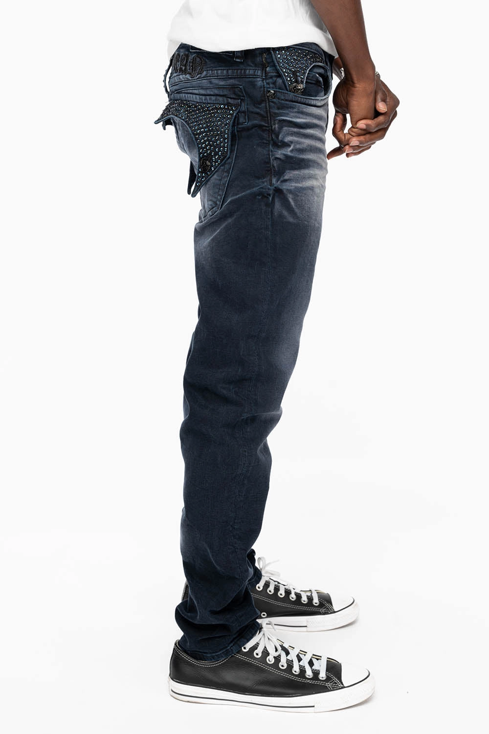 KILLER FLAP MENS SKINNY JEANS IN ANTIQUE PURPLE  WITH TONAL WINGS AND FULL CRYSTAL Daywear Fit High Quality Classic Wear Earthy