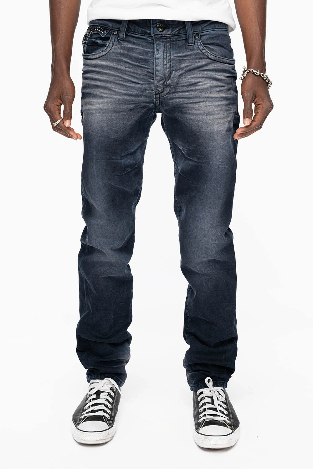 Moisture Wicking Lining KILLER FLAP MENS SKINNY JEANS IN ANTIQUE PURPLE  WITH TONAL WINGS AND FULL CRYSTAL