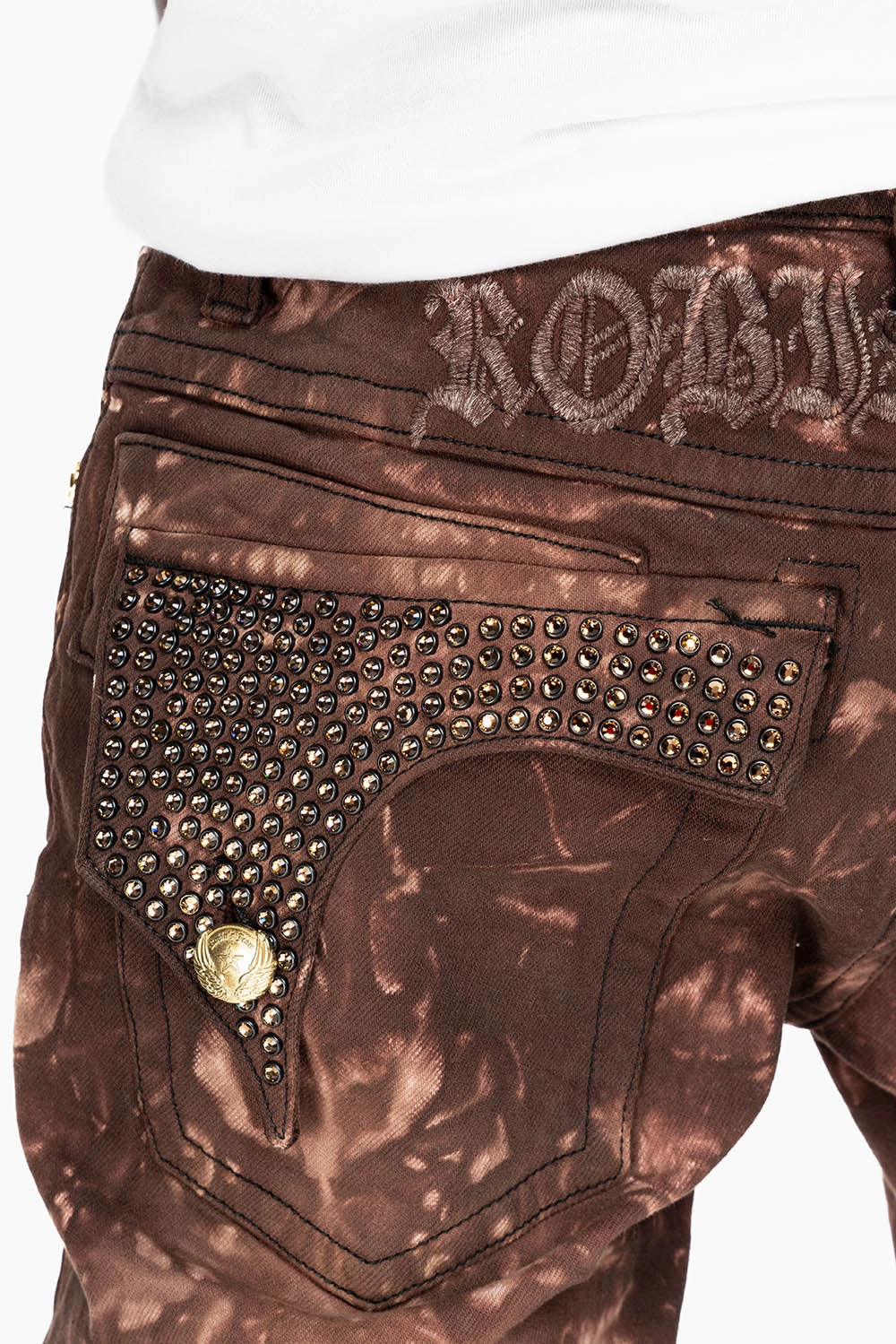 Basic Necessity Casual Friday Durable Athlete Fit KILLER FLAP MENS SKINNY JEANS IN ASTRO BROWN WITH GOTHIC EMBROIDERY AND CRYSTALS