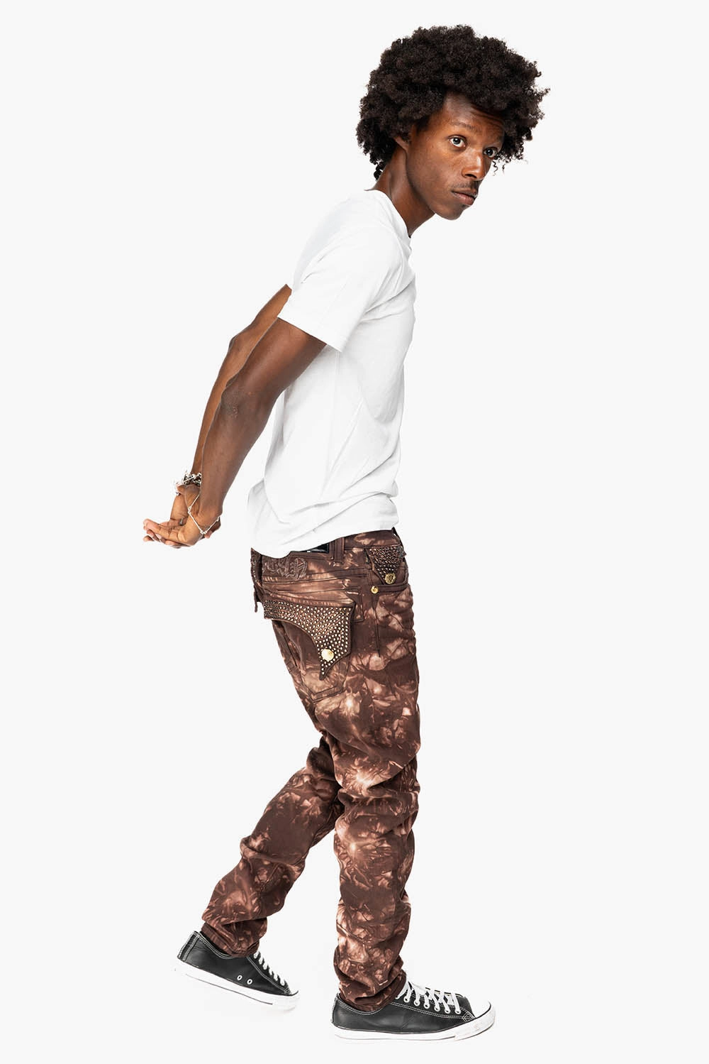 Softened Seams Common Wear KILLER FLAP MENS SKINNY JEANS IN ASTRO BROWN WITH GOTHIC EMBROIDERY AND CRYSTALS