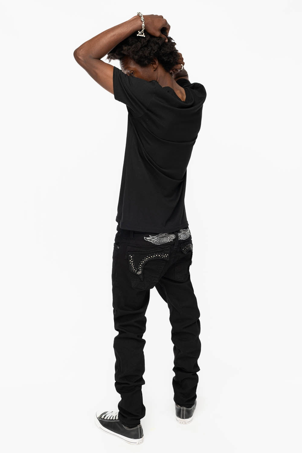 Morning Stroll Music Event Office Wear Unisex Friendly KILLER FLAP MENS SKINNY JEANS IN BLACK COLOR WASH  WITH BLACK DIAMOND AND JET BLACK CRYSTALS