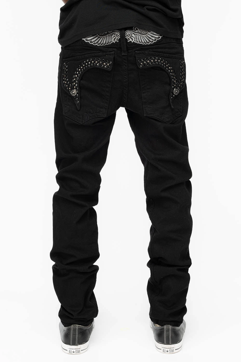 Neutral Casual Comfortable Waist KILLER FLAP MENS SKINNY JEANS IN BLACK COLOR WASH  WITH BLACK DIAMOND AND JET BLACK CRYSTALS