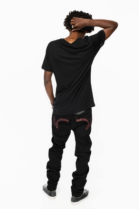 Minimalist Design Timeless casual KILLER FLAP MENS SKINNY JEANS IN BLACK COLOR WASH  WITH RED AND JET BLACK CRYSTALS