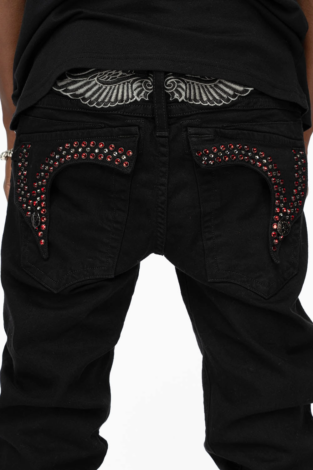 KILLER FLAP MENS SKINNY JEANS IN BLACK COLOR WASH  WITH RED AND JET BLACK CRYSTALS Modern Minimalist Urban Explorer