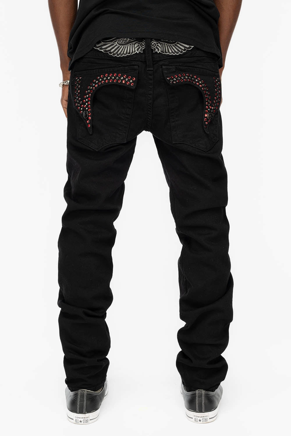 KILLER FLAP MENS SKINNY JEANS IN BLACK COLOR WASH  WITH RED AND JET BLACK CRYSTALS Eco Friendly Night Out Season Ready