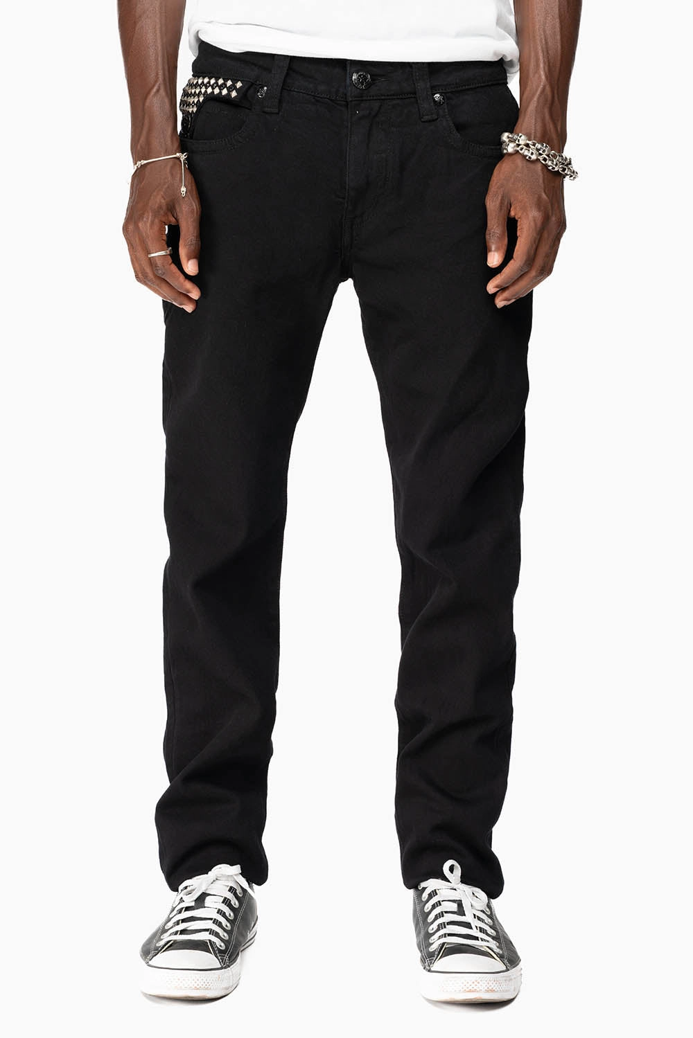 Music Event Picnic Style KILLER FLAP MENS SKINNY JEANS IN BLACK WITH EMBROIDERY,  STUDS AND CRYSTALS