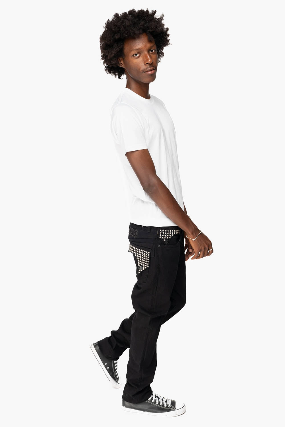 KILLER FLAP MENS SKINNY JEANS IN BLACK WITH EMBROIDERY,  STUDS AND CRYSTALS Urban Look