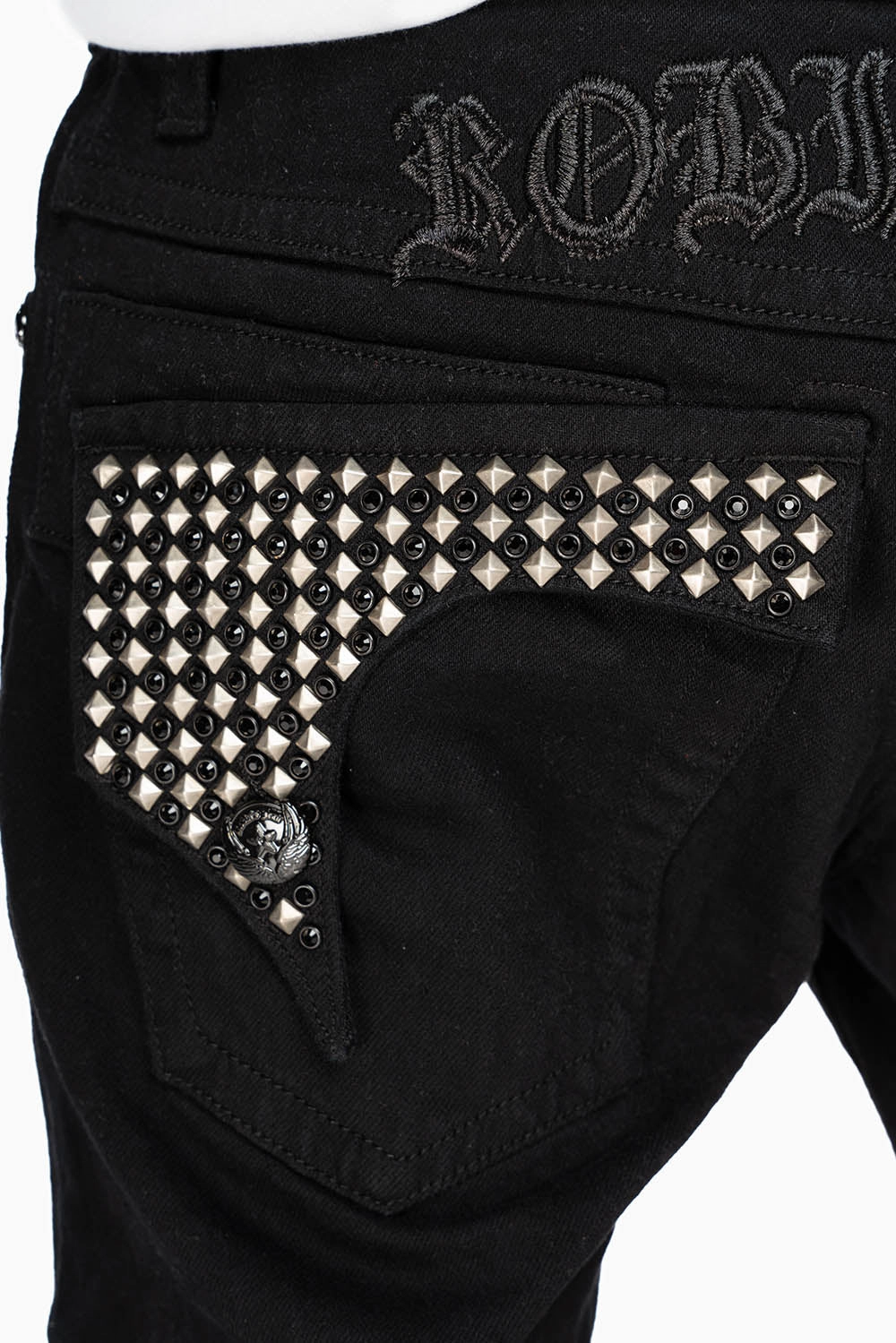 KILLER FLAP MENS SKINNY JEANS IN BLACK WITH EMBROIDERY,  STUDS AND CRYSTALS No Fuss Style Festival Outfit Everyday