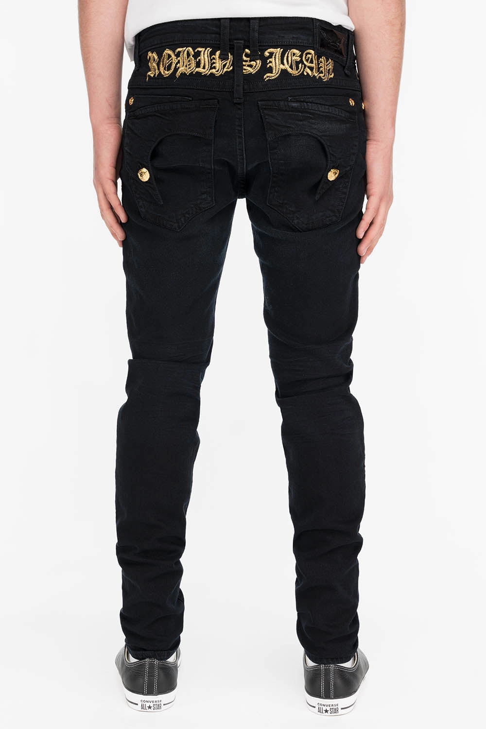 Neutral Piece Sleek Option KILLER FLAP MENS SKINNY JEANS IN BLACK WITH GOLD O.E. LOGO