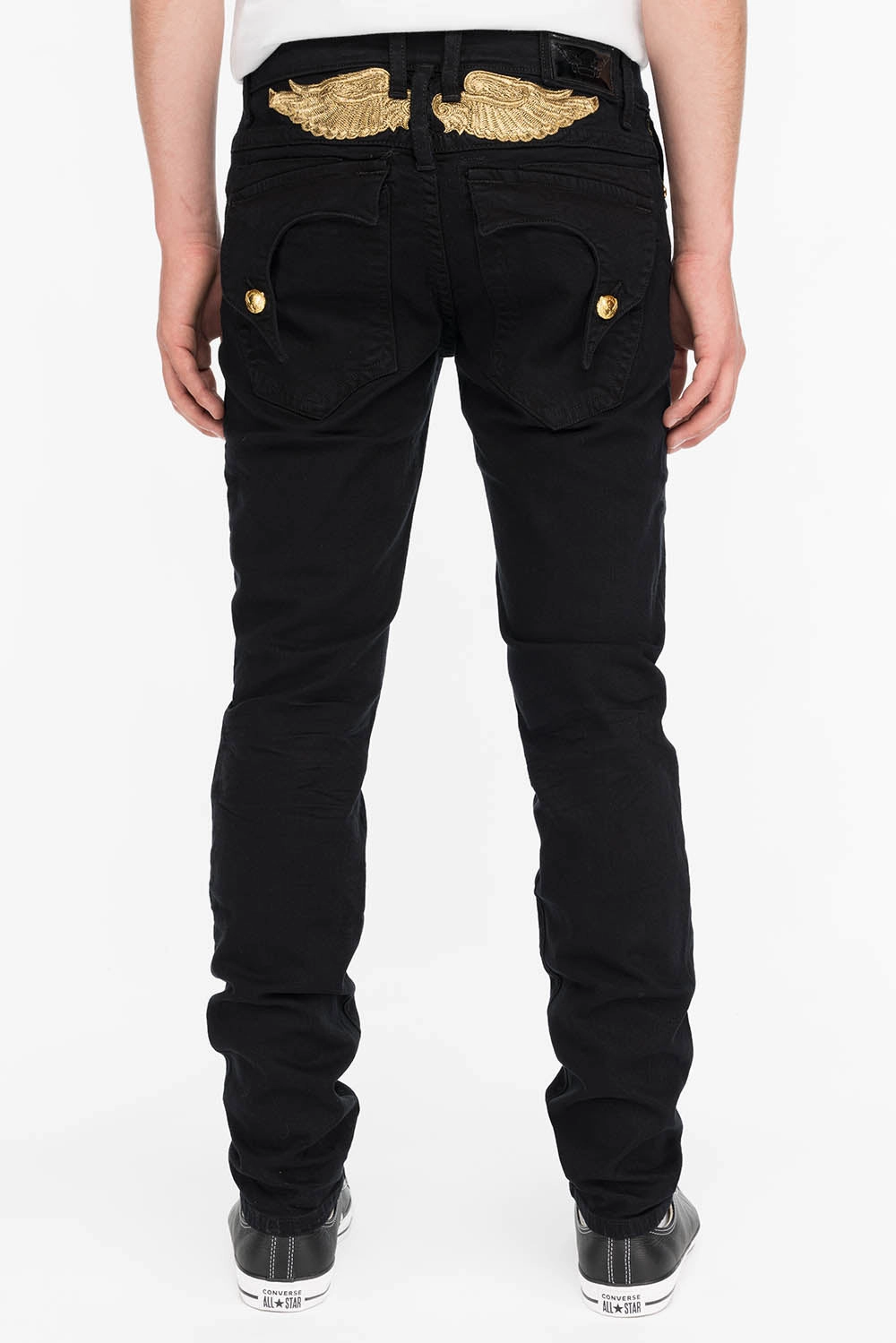 KILLER FLAP MENS SKINNY JEANS IN BLACK WITH GOLD WINGS Subtle Palette
