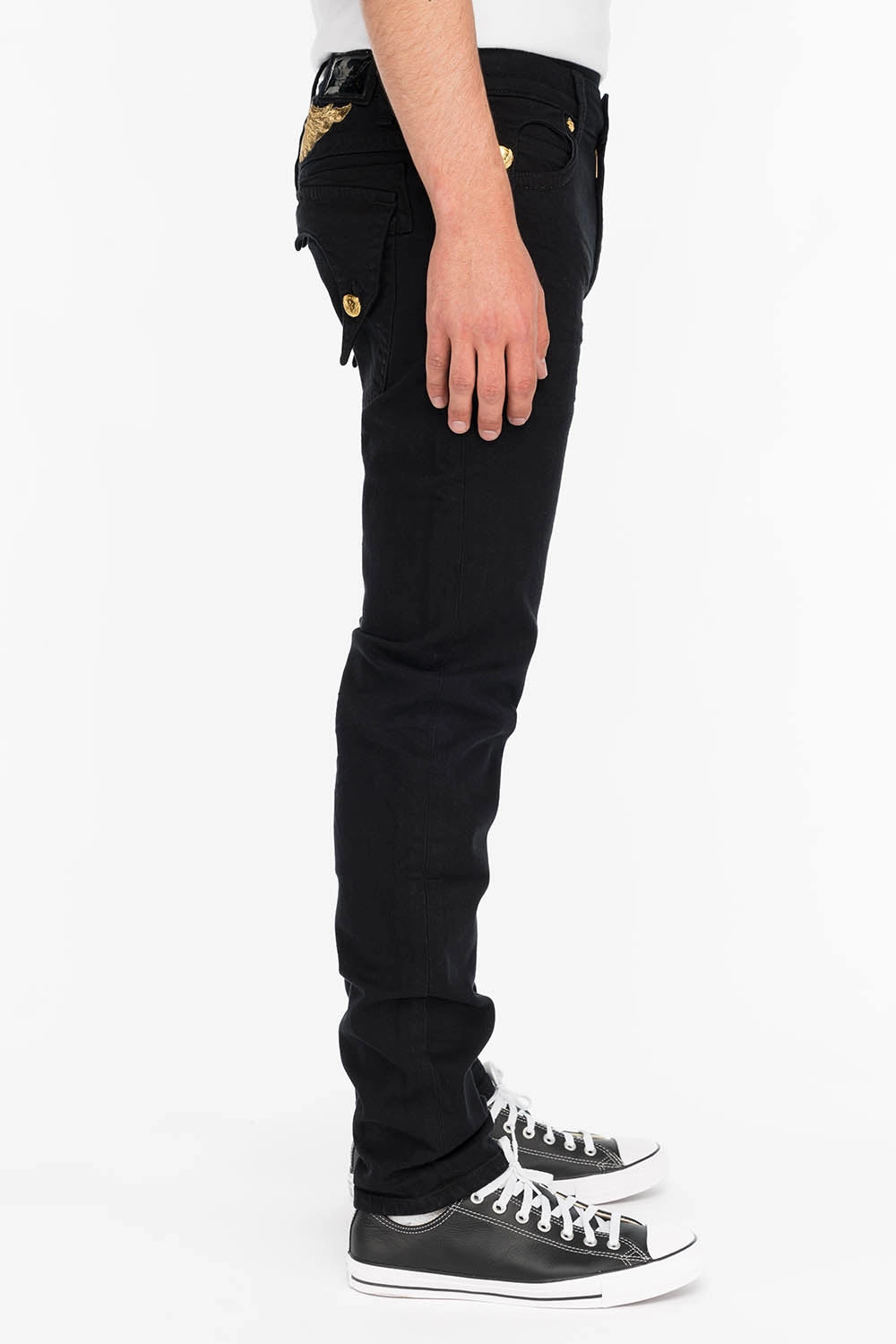 Relaxed Mood Colorfast Denim KILLER FLAP MENS SKINNY JEANS IN BLACK WITH GOLD WINGS
